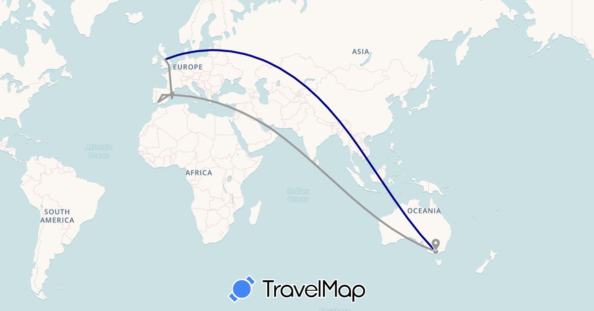TravelMap itinerary: driving, plane in United Arab Emirates, Australia, Spain, United Kingdom (Asia, Europe, Oceania)